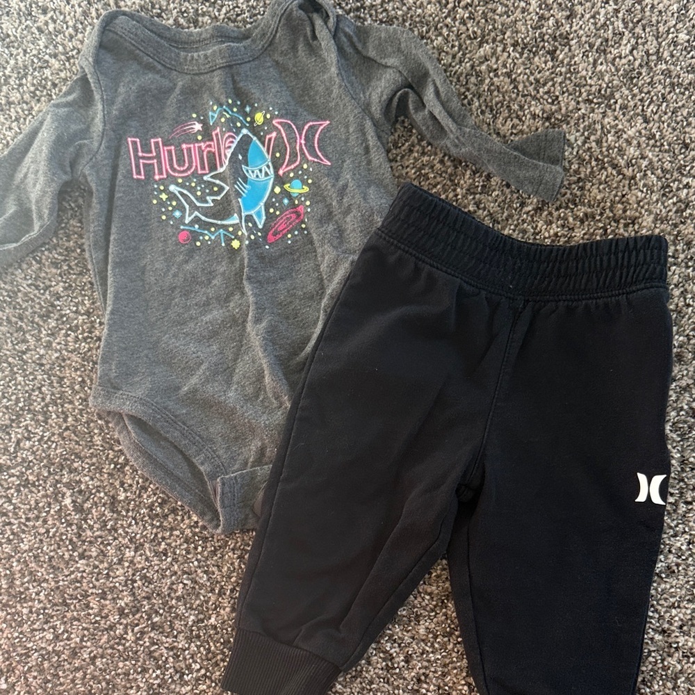 Hurley Graphic Bodysuit and Black Pants Set Baby Boy Size 3-6 months